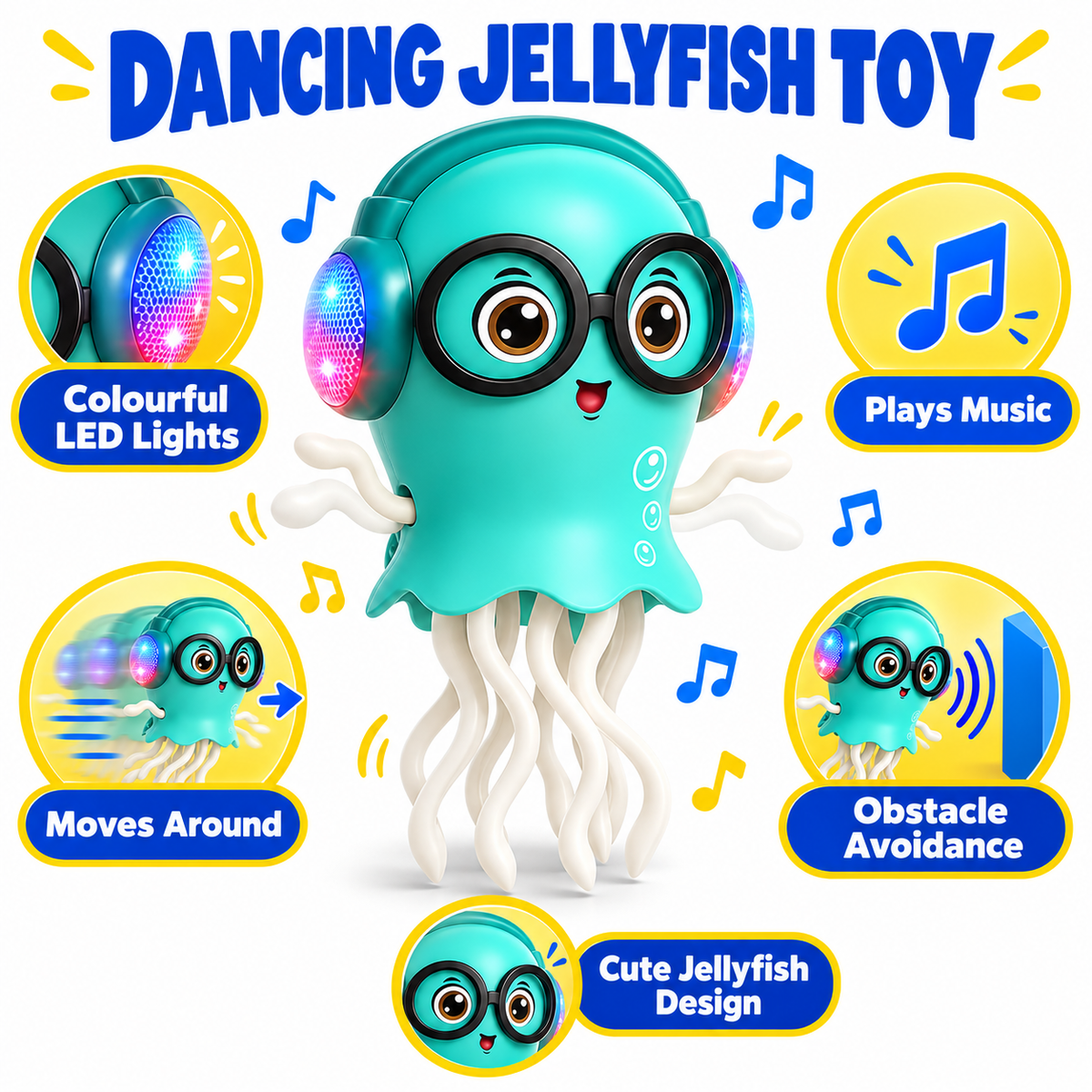 Dancing Jellyfish Toy with Led Light and Music,Playful Automatic Steer Crawling Dancing Jellyfish with Smart Tentacle Explorer,Dancing Octopus Toy Tummy Time Baby Toys,Green