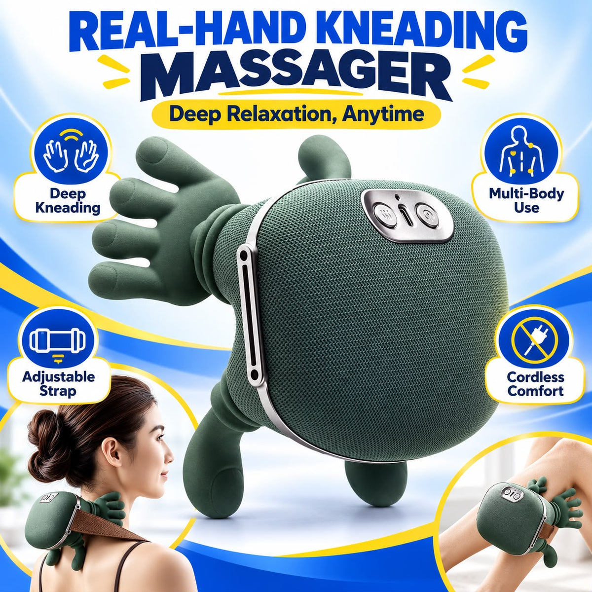 Real-Hand Kneading Massager | Cordless Deep Massage for Neck, Shoulders, Back, Legs & Calves | Adjustable Strap
